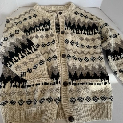 VTG Hand Knit Wool Cardigan Sweater Nordic Style Wood Buttons Large Cream Black - Image 1 of 4