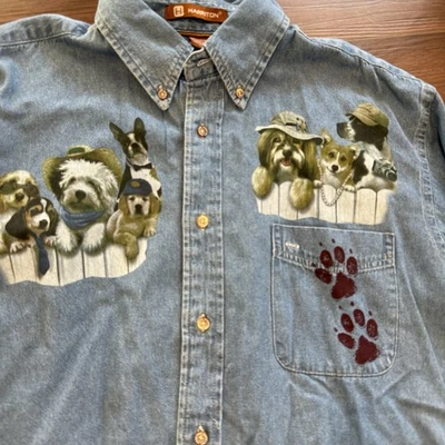 Vintage Denim Button Down Dogs Paws Shirt Size Large Cotton Cottagecore Farm - Image 1 of 4