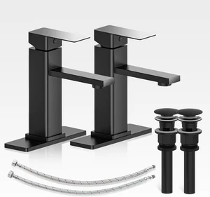 2 Sets Matte Black Bathroom Faucet Single Handle w/Pop Up Drain & Deck Plate - Picture 1 of 9