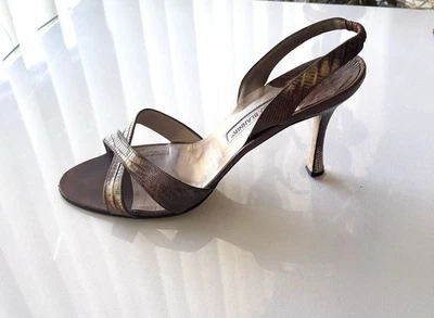 MANOLO BLAHNIK LEATHER STRAP SANDALS SHOES HEELS BROWN Sz 39.5 Snake Heels 3.5” - Image 1 of 4
