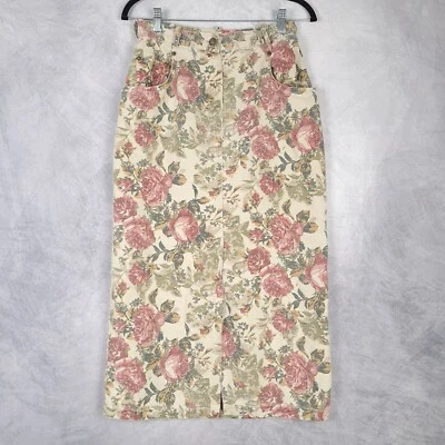 Falda midi floral vintage para mujer 9/10 beige rosa cintura alta abertura cabaña romántica Foto 1 de 4