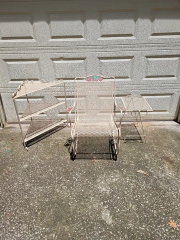 Vintage Wrought Iron Metal Beige Tan Rocking Chair & Plant Stand & Table Cover