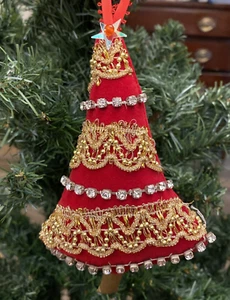 Hollywood Regency Vintage Christmas Ornament Red Gold Velvety Tree Rhinestones  - Picture 1 of 9