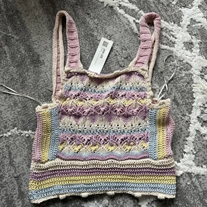 New Zara Cotton Crochet Camisole Tank Top Water Color Pink Lavender Blue M - Picture 1 of 6
