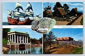 Postal histórica Plymouth, MA, vista múltiple Mayflower, casa del peregrino, iglesia fuerte - Imagen 1 de 2