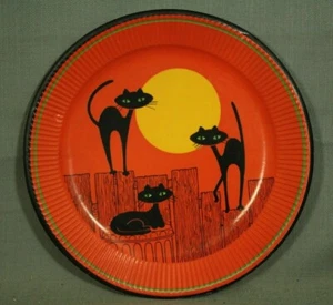 Plato de papel vintage de Halloween gatos negros luna llena valla cubo de basura Futura - Imagen 1 de 2