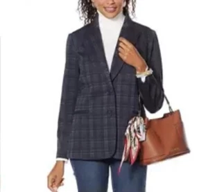 DG2 Damen Ponte Strick Boyfriend Stretch Marine Kariert Blazer Jacke Größe LARGE - Bild 1 von 14
