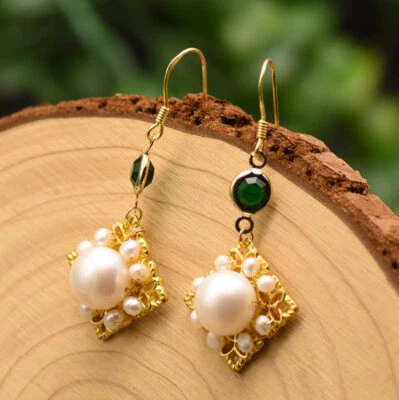 B15 Orecchini Rautesüßwasser Perla Verde Zirconia Argento Sterling 925 Dorato - Immagine 1 di 4