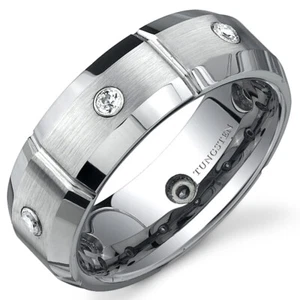 Beveled Edge 6 CZ Brush finish 7 mm Comfort Fit Mens Tungsten Ring Size 8 to 13 - Picture 1 of 1