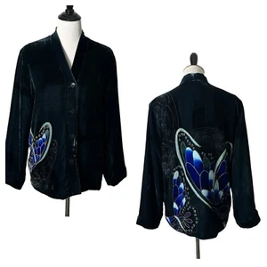 Chico's Samtjacke Damen Gr. 1 M grün Schmetterlingsmuster Boho Whimsigoth - Bild 1 von 21