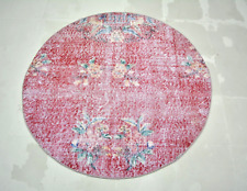 Red Vintage Handmade Rug, Round Entry Mat, 3.8x3.8ft, Floral  Faded Turkish Rug,