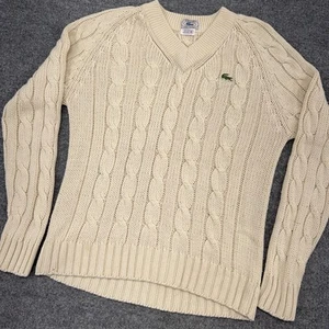 Vintage IZOD Lacoste Sweater Mens Medium Cream Cable Knit 80's V-Neck Tennis - Picture 1 of 7