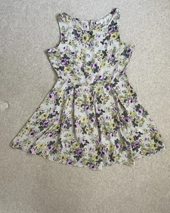 Floral Skater Dress - Size 12 Light Cream with Purple & Yellow Roses - Picture 1 of 8