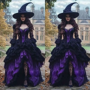 Vestidos de noche góticos negros morados de graduación mangas hinchadas abertura alta en capas - Imagen 1 de 9