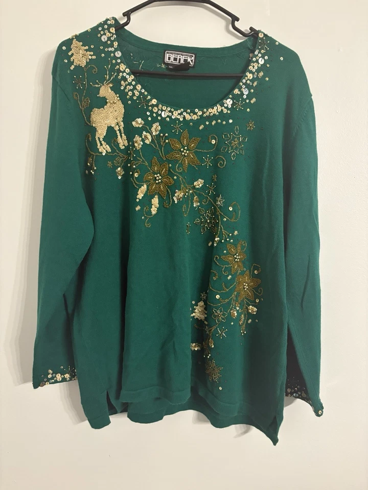 Suéter Berek 1x Mujer Vintage Cuentas Reno Tejido Vacaciones Navidad Flores de Pascua Foto 1 de 4