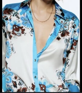 Zara Damen Shirt Gr. S Knopf Creme Blau Blumen Preppy City Karriere Büro - Bild 1 von 19