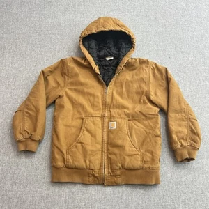 Carhartt Duck Canvas Jacket Boys Large Brown Full Zip Lined Outdoor Hooded Youth - Picture 1 of 15