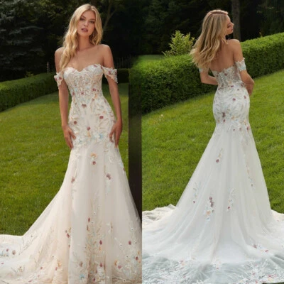 Elegant Mermaid Wedding Dresses Strapless Cap Sleeves Lace 3D Floral Bridal Gown - Image 1 of 4