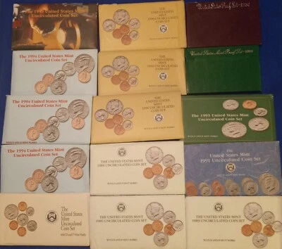 1991 92 93 95 3)89 90 94 P&D 2) PROOF 87 & 94 US Mint 15 Sets United States UNC  - Image 1 of 4