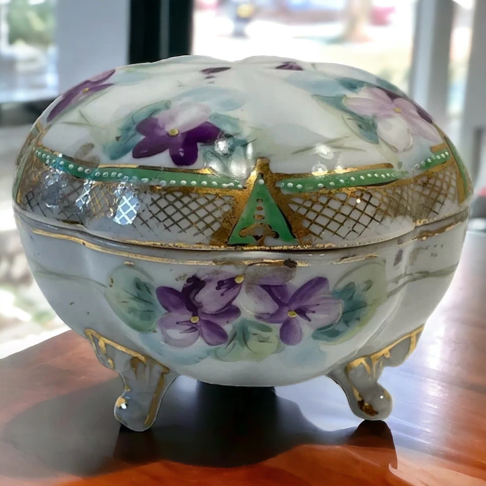 VTG Hand Painted Moriage Trim Purple Floral Footed Trinket Dish w/Lid - Image 1 of 4