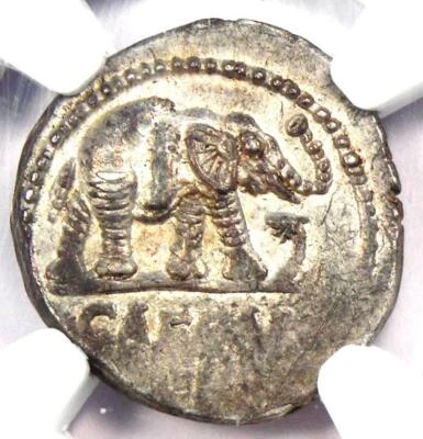 Julius Caesar AR Denarius Silver Elephant Roman Coin 49 BC - NGC Choice AU - Image 1 of 4