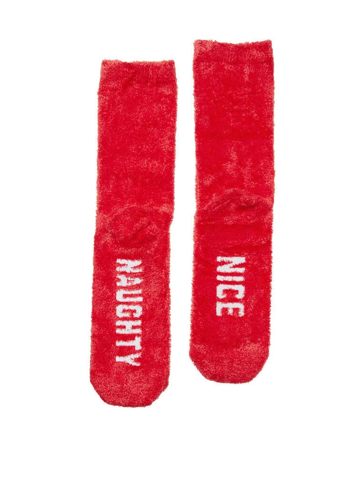 Victoria's Secret PINK Fuzzy Crew Socks Red NICE NAUGHTY - Image 1 of 1