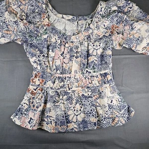 Moon River Floral Print boho Peasant peplum Ruffle Puff Sleeve Blouse Size M - Picture 1 of 6