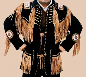 Chaqueta occidental nativa americana cuero gamuza flecos de soiux y abrigo de cuentas indias - Imagen 1 de 3