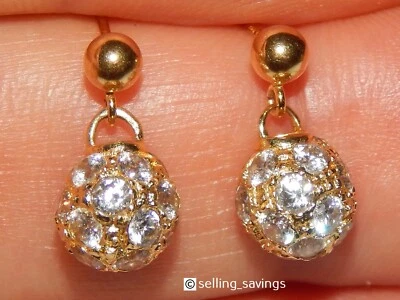 14K SOLID YELLOW CZ DIAMOND CUT 8MM BEAD BALL DROP DANGLE STUD EARRINGS - Image 1 of 4
