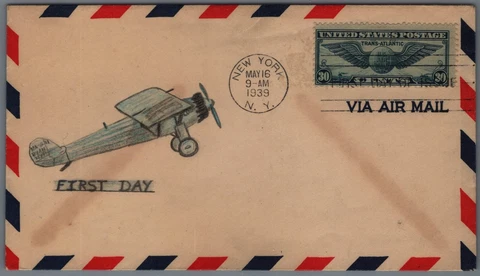 ZAYIX Air Mail FDC US C24 UA with Hand Drawn Cachet - New York PM 062822SM58 Cover