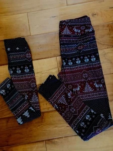  Lularoe Leggings OS S/M Navy Burgundy Tree Snowman Fair Isle Knit New - Picture 1 of 1