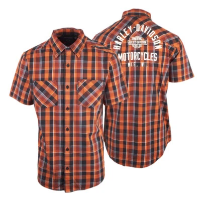 Harley-Davidson Men's Orange Black Plaid MKE S/S Woven Shirt (S45) - Image 1 of 4