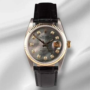 Rolex Datejust 36mm Yellow Gold Fluted Black Mop Diamond Dial Leather Band Watch - Picture 1 of 11