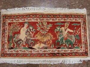 Wall Hang Shikar Gah Horse Hand Knotted Rug Wool Silk Carpet (3.1 x 1.7)'