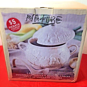 NEW White Ceramic Soup Tureen 3 Piece Set Embossed Raised Fruit Design - Picture 1 of 5