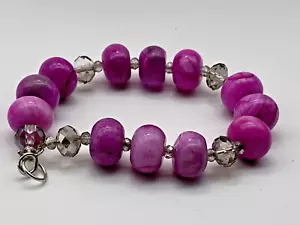 Sterling Silver 925 Bracelet Pink Striped Onyx Glass Spacer Beads - Picture 1 of 5