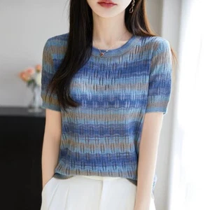 Women's Wool Silk Blended Summer T-shirt | O-neck Stripe Splicing Colours Tees - Picture 1 of 6