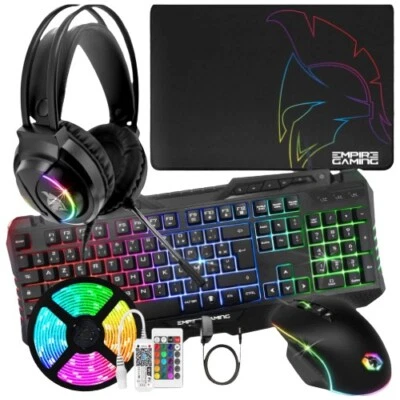 Pack 4 en 1 Clavier Souris 6400 DPI Casque Gaming Tapis de Souris Setup Gaming - Photo 1/4