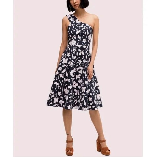 Abito monospalla Kate Spade Splash blu navy floreale midi taglia 6 tasche linea A
