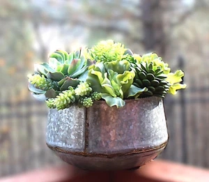 Premium Artificial Succulents Planted in a Galvanized Beaded Planter - Picture 1 of 9