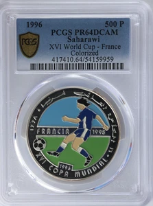 1996 Saharawi 500 Pesetas XVI Soccer World Cup France Colorized Ag PCGS PR64DCAM - Bild 1 von 4
