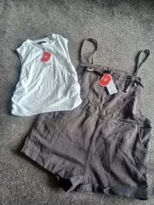 Brand New Cider Outfit White Tank Top & Grey Dungaree Shorts Size XL, With Tags - Picture 1 of 4