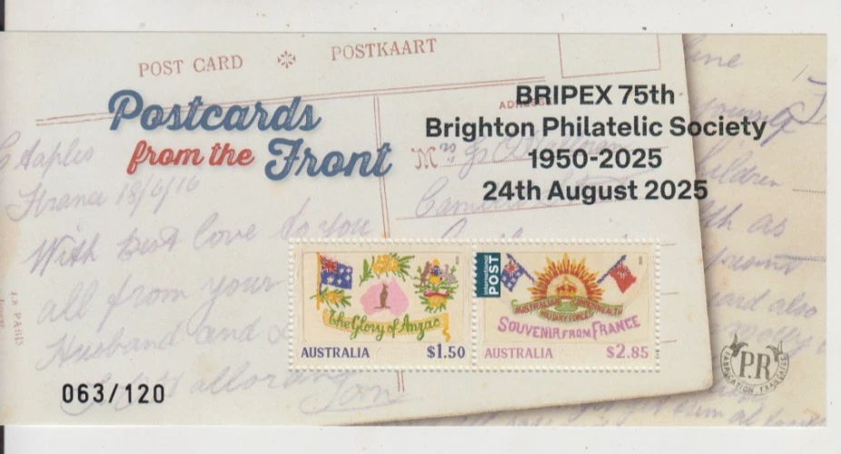 Stamp 2025 postcards from the front mini sheet BRIPEX 75th Stampshow overprint Foto 1 de 1