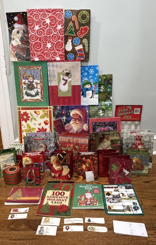 Lot of Vintage Christmas Gift Tags, Bags, Boxes, & Ribbon - Image 1 of 4