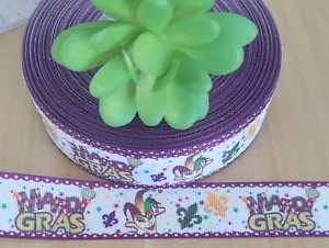 1" (1 YD) Mardi Gras Grosgrain Ribbon Fleur De Lis Green Purple Fat Tuesday - Picture 1 of 1