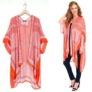 TAHARI Wrap Boho Kimono Cover-Up Open Front Geo-Print Solid Border Lightweight - Picture 1 of 8