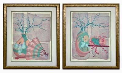 Sue Kay "Cranes & Geisha Dancer" FRAMED PAIR of Hand Signed Serigraphs Asian Art - Image 1 of 4