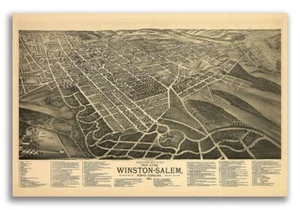 1891 Winston-Salem North Carolina Vintage Old Panoramic City Map - 16x24 - Picture 1 of 4