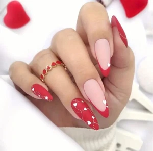 24 Medium Almond Red French Tip Valentine Hearts Press On False Nails Brand New - Picture 1 of 5