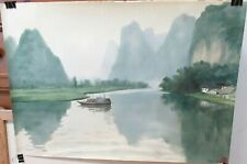 LARGE CHINESE RIVER BOAT LANDSCAPE ORIGINAL WATERCOLOR PAINTING SIGNED 1992